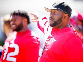 Calgary Stampeders defensive coordinator DeVone Claybrooks during practice as his team prepares to host the Redblacks on Thursday in the home opener.