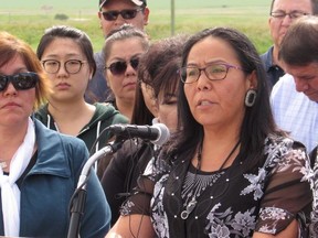 Ramona Big Head, a principal on the Blood Tribe, speaks to reporters in Standoff, Alta., on June 22, 2017, 
after an AHS employee mistakenly sent a text message containing a racial slur.