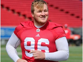 Defensive lineman Randy Colling takes part in the Calgary Stampeders rookie camp on Thursday May 25, 2017.
