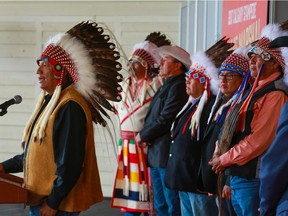 Bearspaw Chief Darcy Dixon speaks after the Calgary Stampede announced Wednesday June 14 that the chiefs of the Treaty 7 First Nations will be the parade marshals for the 2017 Calgary Stampede parade.
Gavin Young Gavin Young, Gavin Young