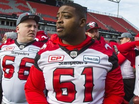 Calgary Stampeders Ucambre Williams (front) during a walkthrough ahead of the Grey Cup at BMO Field in Toronto, Ont. on Saturday November 26, 2016.