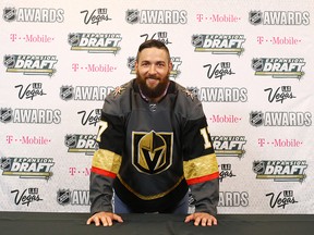 LAS VEGAS, NV - JUNE 21:  Deryk Engelland poses for a photo after being selected by the Las Vegas Golden Knights during the 2017 NHL Awards and Expansion Draft at T-Mobile Arena on June 21, 2017 in Las Vegas, Nevada.