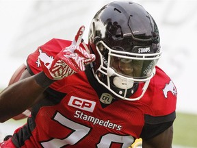 Calgary Stampeders receiver Richard Sindani celebrates his winning touchdown catch against the Edmonton Eskimos during second half CFL pre-season action in Edmonton, Alta., on Sunday June 11, 2017. The Stampeders won 36-35.