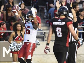 Calgary Stampeders' Marquay McDaniel (16) celebrates a conversion against the Ottawa Redblacks during first half CFL action in Ottawa on Friday, June 23, 2017.