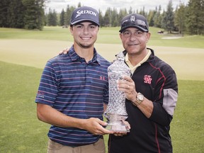 Glencoe Invitational champion Pryce Beshoory poses with his father, Richard, after being presented with the Glencoe Invitational trophy on Saturday, June 17, 2017 at the Glencoe Golf & Country Club. KERIANNE SPROULE/POSTMEDIA