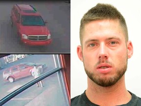 On the left, two surveillance camera images of a vehicle that dropped off the suspect in a double shooting. On the right, William Kincade-Miller, a man police are looking to interview.