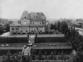 Lougheed House and it's terraced ornamental garden looking west from 6th Street S.W., with 13th Ave. to the right, as seen in a postcard
