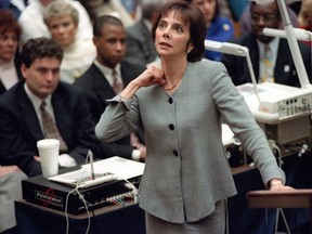 In this Sept. 29, 1995 file photo, prosecutor Marcia Clark makes her closing arguments during the O.J. Simpson double-murder trial in Los Angeles. Clark is the keynote speaker at this year's YWHISPER Fundraising Gala for YW Calgary.