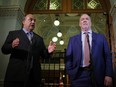 B.C. Green party leader Andrew Weaver and B.C. NDP leader John Horgan speak to media after announcing they'll be working together to help form a minority government.