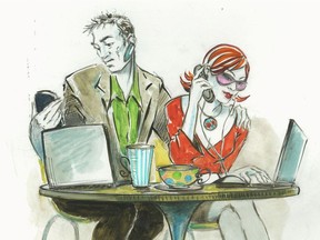 People are becoming addicted to wireless gadgets. It's an addiction that's not healthy -- or safe. Illustration shows couple sitting at a table talking on a cellphone and working on a computer.