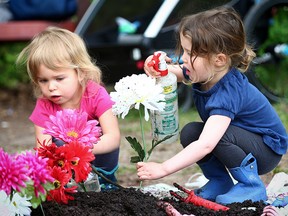 Ella Andruchow, left, and Nora Warren do some gardening at Edworthy Park on Thursday, June 1, 2017.