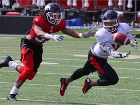 Calgary Stampeders slotback Kamar Jorden snags a pass during training camp at McMahon Stadium in Calgary on Monday May 29, 2017.