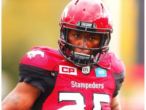 Calgary Stampeders Tommie Campbell runs onto the field during player introductions before facing the Ottawa Redblacks in CFL football in Calgary, Alta., on Saturday, September 17, 2016.