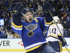 St. Louis Blues right wing Vladimir Tarasenko reacts after scoring the go-ahead goal, his second of the game, in the third period against the Nashville Predators during Game 2 of an NHL hockey Stanley Cup second-round playoff series, Friday, April 28, 2017, in St. Louis.