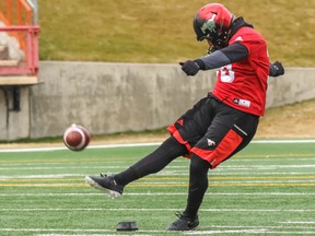 Calgary Stampeders Rene Paredes at a practice session.
