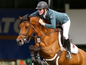 Rider Daniel Coyle from Ireland riding Cita wins the Bantrel Cup during the Spruce Meadows National in Calgary which runs from June 7 to the 11th on Wednesday June 7, 2017.