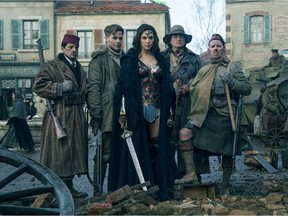 Said Taghmaoui, Chris Pine, Gal Gadot, Eugene Brave Rock and Ewen Bremner in Wonder Woman. Courtesy, Warner Bros. Pictures.