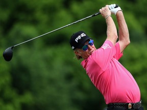 Miguel Angel Jimenez tees off on the 16th hole during Round 1 of the Senior PGA Championship at Trump National Golf Club on May 25, 2017 in Sterling, Va.