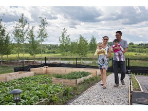 Winn Liu and Anna Wu carry their children Zoey and Luka through the garden at their house in Legacy.