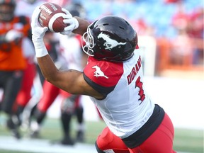 Calgary Stampeders receiver Lemar Durant stretches to haul in a pass during pre-season CFL action against the B.C. Lions on June 6, 2017.