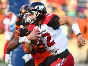 Stamps' QB Ricky Stanzi runs out of the pocket during preseason CFL action between the BC Lions and the Calgary Stampeders in Calgary,  on Tuesday June 6, 2017. Jim Wells/Postmedia