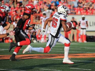 Ottawa Redblacks receiver Diontae Spencer runs the balls during the first half of CFL action against the Calgary Stampeders at McMahon Stadium in Calgary on Thursday June 29, 2017. Gavin Young/Postmedia Network
