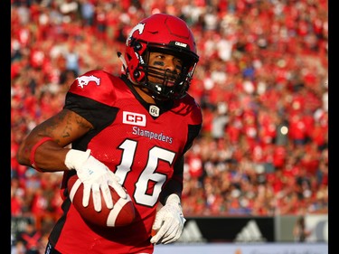 Calgary Stampeders Marquay McDaniela catches a pass to complete a two-point conversion in the first half against the Ottawa Redblacks during CFL football in Calgary. AL CHAREST/POSTMEDIA