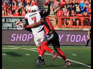 Ottawa Redblacks quarterback is sacked by the Calgary Stampeders Joshua Bell during the first half of CFL action against the Calgary Stampeders at McMahon Stadium in Calgary on Thursday June 29, 2017. Gavin Young/Postmedia Network