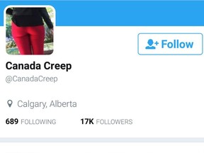 Screen grab of the now suspended twitter acount  Canada Creep which allegedly posted images and videos on the account that amassed 17,000 followers by posting surreptitiously recorded images and video of Calgary women's clothed breasts, buttocks and genital areas. Twitter/Postmedia

Handout Not For Resale