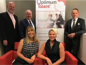 The leadership team at Optimum Talent: Standing, left to right: Richard Bucher, Scott Doupe and Terry Stein. Seated are Tania Corbett and Tamara Mago.