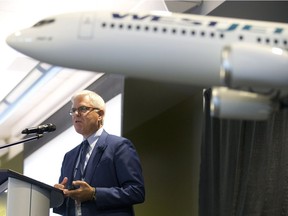 WestJet Airlines President & CEO Gregg Saretsky speaks during the company's annual general meeting in Calgary, Alta. on Tuesday, May 2, 2017. THE CANADIAN PRESS/Larry MacDougal ORG XMIT: LMD101