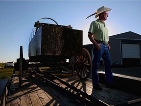 Chuckwagon legend Kelly Sutherland poses for photos at his son Mark's place near Okotoks, on Wednesday July 5, 2017 before heading to his last Calgary Stampede.