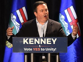 PC Alberta Leader, Jason Kenney, speaking to supporters about the upcoming vote on unity between the PCs and Wildrose, at the Delta South Hotel in Edmonton, July 5, 2017.