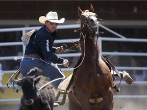 Ryan Jarrett of Comanche, OK, wins the days  tie-down roping at the Calgary Stampede in Calgary on Friday July 7, 2017. Leah Hennel/Postmedia

Stampede2017
leah Hennel, Leah Hennel/Postmedia