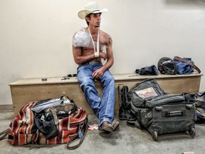 Bull rider J.B. Mauney in the cowboy dressing room , on Sunday.