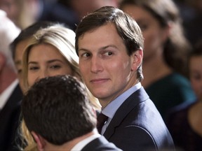FILE - In this Monday, June 5, 2017 file photo, senior adviser to President Donald Trump Jared Kushner, right, and Ivanka Trump, the daughter of President Donald Trump, sit in the front row in East Room of the White House in Washington. Donald Trumps eldest son, son-in-law and then-campaign chairman met with a Russian lawyer shortly after Trump won the Republican nomination, in what appears to be the earliest known private meeting between key aides to the president and a Russian. Representatives of Donald Trump Jr. and Jared Kushner confirmed the June 2016 meeting to The Associated Press after The New York Times reported Saturday, July 8, 2017 on the gathering of the men and Russian lawyer Natalia Veselnitskaya at Trump Tower. (AP Photo/Carolyn Kaster, File)