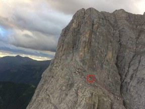 The ledge on the Little Sister peak where climbers were trapped and had to be rescued on Sunday, July 23, 2017. Photo Courtesy Kananaskis Public Safety