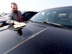 Clayton Rivet, Sales Manager at Northstar Ford in Crowfoot Circle wipes some of the ash that collected overnight on their vehicles as Calgary got hit with another blast of smoke and ash on Sunday July 30, 2017. Darren Makowichuk/Postmedia

Postmedia Calgary
Darren Makowichuk, DARREN MAKOWICHUK/Postmedia