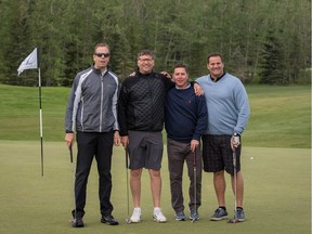 Cal 0722 Forekids 2 The annual  Business Fore Calgary Kids golf tournament, held recently at the Glencoe Golf & Country Club, was a resounding success and raised $277,500 for select charitable organizations. Pictured from left, are Dale Orton, Darren Shaw, Tyler Theberge, and tournament chair Tasso Chondronikolis.
Courtesy Business Fore Calgary Kids, Courtesy Business Fore Calgary Kids