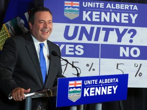 Jason Kenney announces the result of the unity vote by Alberta PCs who voted 95 per cent in favour of uniting with the Wildrose Party.
