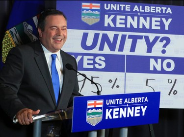 Jason Kenney announces the result of the unity vote by Alberta PC's who voted 95% in favour of united with the Wildrose Party. The results were announced in Calgary on Saturday July 22, 2017.