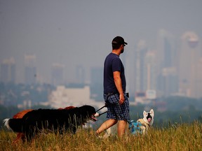 James Higgins walks his dogs on Monday, July 17, with the Calgary skyline obscured by smoke drifting in from B.C. wildfires.