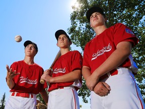 Members of the Fish Creek AAA All Stars from left; Conor Knope, Mattias Strom, William Bradley were photographed on Tuesday July 18, 2017. Calgary Fish Creek is hosting the 2017 Senior League Canadian Championship, July 19th - 26th at the Richmond Greens Ball Fields. Teams representing each of the Provinces across Canada and consisting of 14-16 years of age will compete in this tournament over 8 days with the winner earning the right to represent Canada at the World Series in Easley, South Carolina. Gavin Young/Postmedia