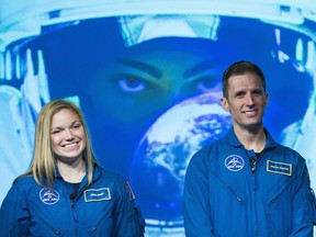 Canada's newest astronauts Jennifer Sidey and Joshua Kutryk answer questions from the audience during a visit to the Canadian Space Agency in Saint-Hubert, Que., Tuesday, July 4, 2017. THE CANADIAN PRESS/Graham Hughes ORG XMIT: GMH103