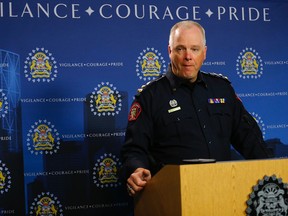 Calgary police chief Roger Chaffin addresses rise in gun violence and home invasions at a press conference Friday, July 21.