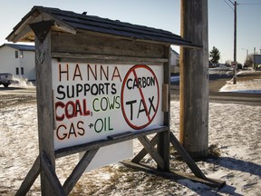 Residents of Hanna  have erected a sign showing their feelings about government policies.