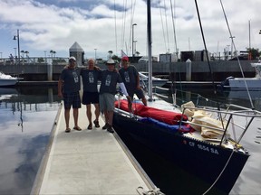 Calgary's Chris Lemke, second from left, stands with fellow crew members Andrew Nelson, Brad Lawson and Alan Carley with their yacht Dark Star ahead of the 2017 TransPac Yacht Race. Photo courtesy Chris Lemke