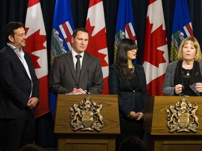 Energy Minister Margaret McCuaig-Boyd and Economic Development and Trade Minister Deron Bilous announce the members of the newly appointed Energy Diversification Advisory Committee,  Co-chair Jeanette Patell, government affairs and policy leader, GE Canada, and Co-chair Gil McGowan, president, Alberta Federation of Labour, on Thursday, October 13, 2016 in Edmonton. Their role is to explore opportunities for increasing value-added development in Alberta. The creation of this committee was a recommendation made by Alberta's Royalty Review Advisory Panel. Greg  Southam / Postmedia  (To go with a story by Emma Graney.)
Greg Southam, Edmonton Journal