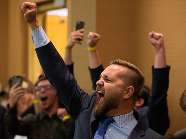 Wildrose MLA Derek Fildebrandt reacts as it is announced that the Wildrose party has voted to unite with the Progressive Conservatives, in Red Deer Saturday July 22, 2017.