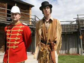 Fort Macleod, AB-20080606 The Fort Museum of the North West Mounted Police, in Fort Macleod, just west of Lethbridge, preserves the rich and storied history of the the police force established by Sir John A. McDonald in 1873 to combat the lawlessness of the western frontier.  Students from Ecole St.-Mary took part in the in new Red Coats are Coming program which brings history to life for these Grade 4 students. Col. James Macleod (Terry Edwards) and guide Jerry Potts (Jason Ostrom) in a corner of the Fort.  Photo by Lorraine Hjalte/Calgary Herald (For Project section story by ) 00016087B )